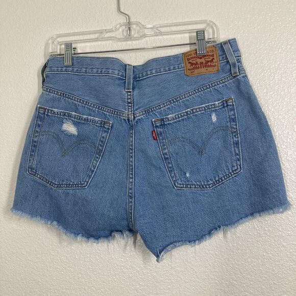 Levis 501 Shorts Womens 31 Blue Distressed Denim High Rise Cut Off Button Fly - Picture 11 of 15